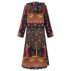 Women Printed Frog Buttons Long Sleeve Thin Hooded Cardigans